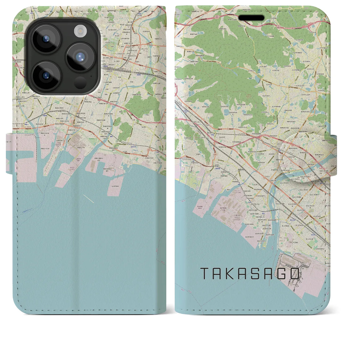 【高砂】地図柄iPhoneケース（手帳両面タイプ・ナチュラル）iPhone 15 Pro Max 用