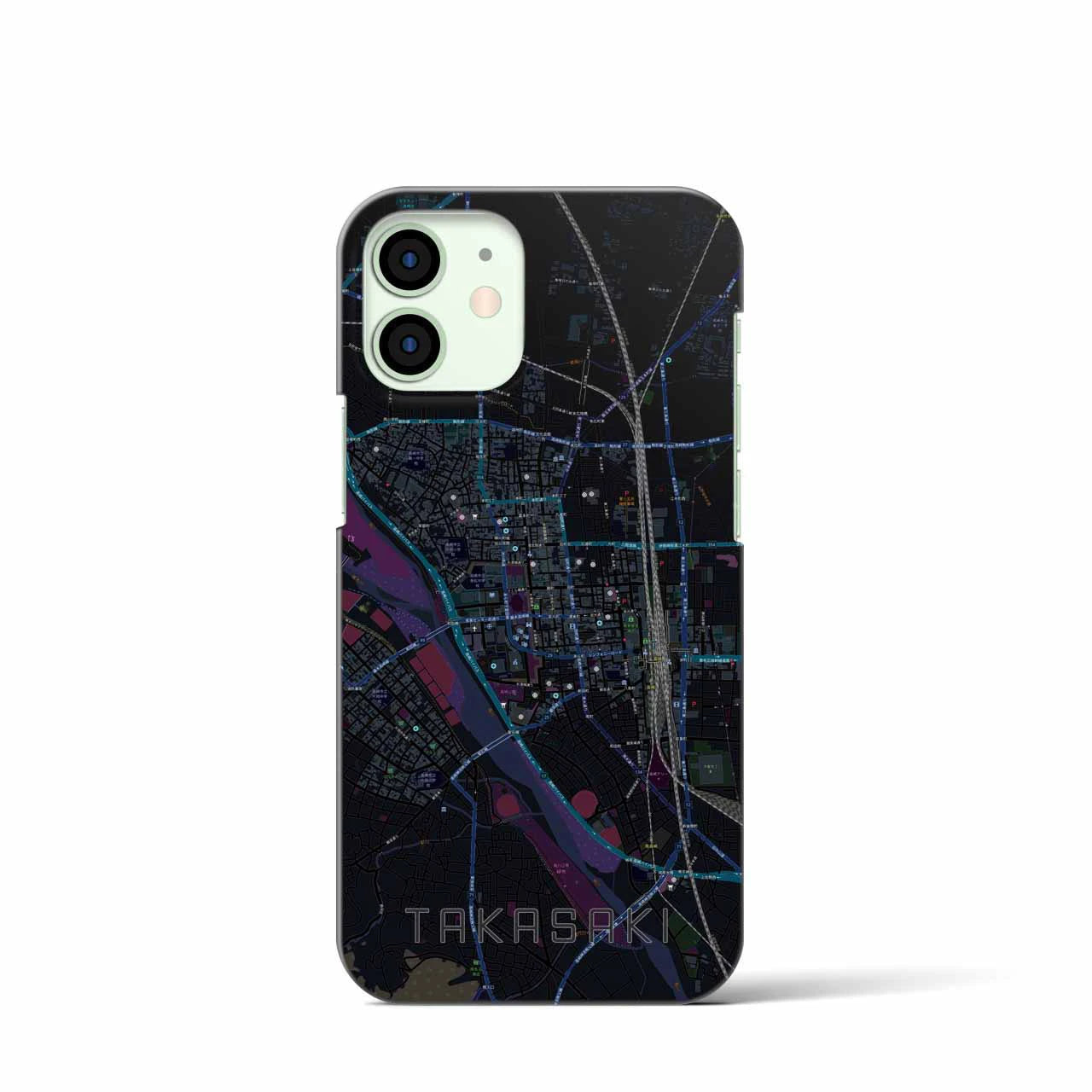 【高崎】地図柄iPhoneケース（バックカバータイプ・ブラック）iPhone 12 mini 用