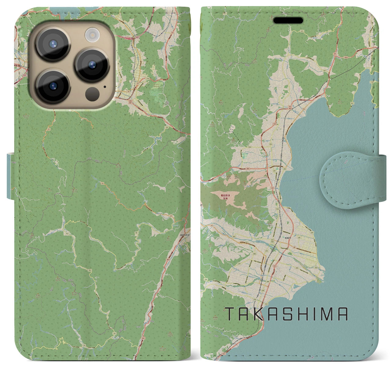 【高島】地図柄iPhoneケース（手帳両面タイプ・ナチュラル）iPhone 14 Pro Max 用