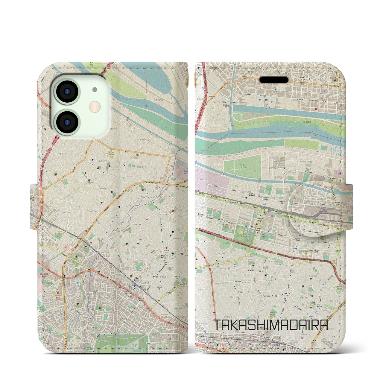 【高島平】地図柄iPhoneケース（手帳両面タイプ・ナチュラル）iPhone 12 mini 用