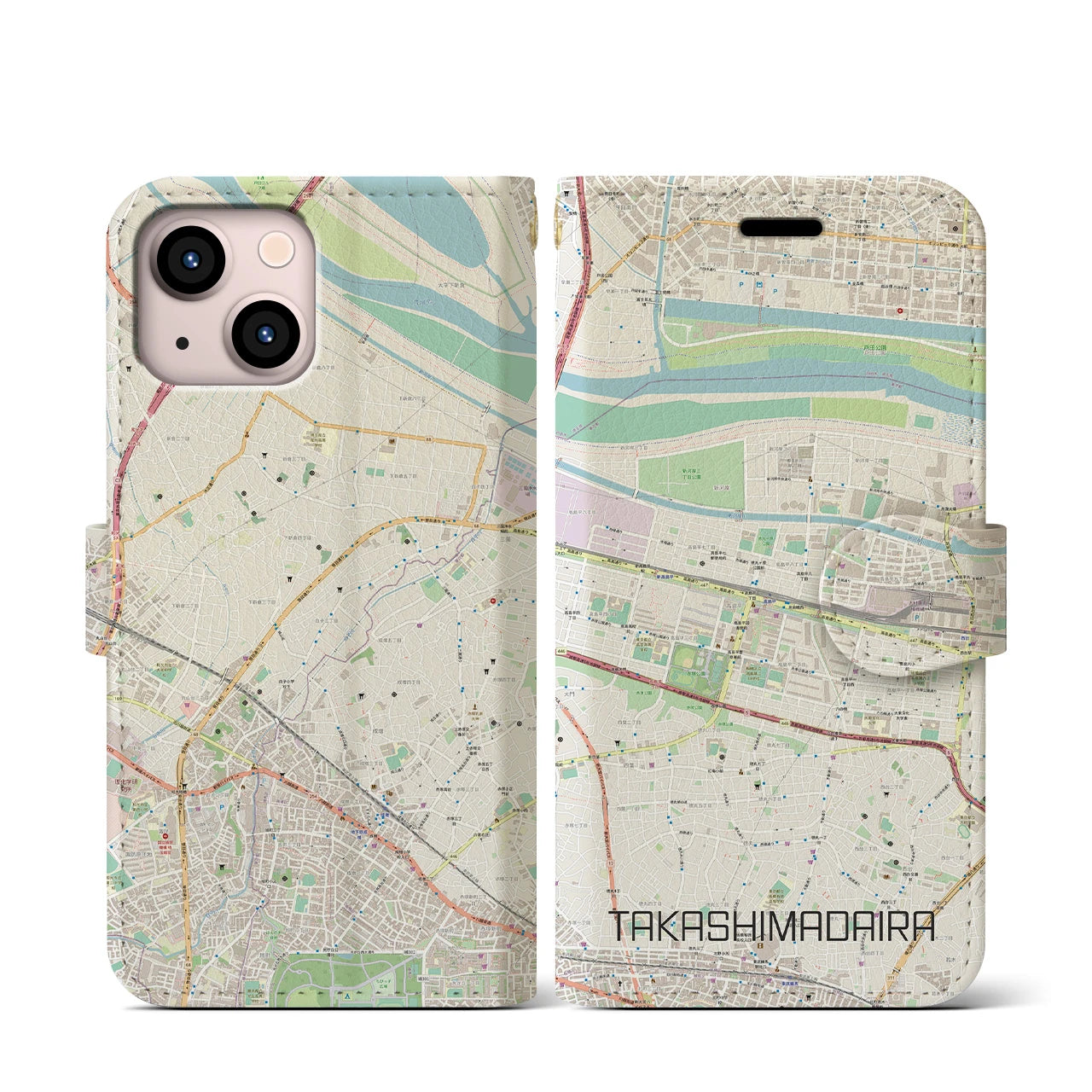 【高島平】地図柄iPhoneケース（手帳両面タイプ・ナチュラル）iPhone 13 mini 用