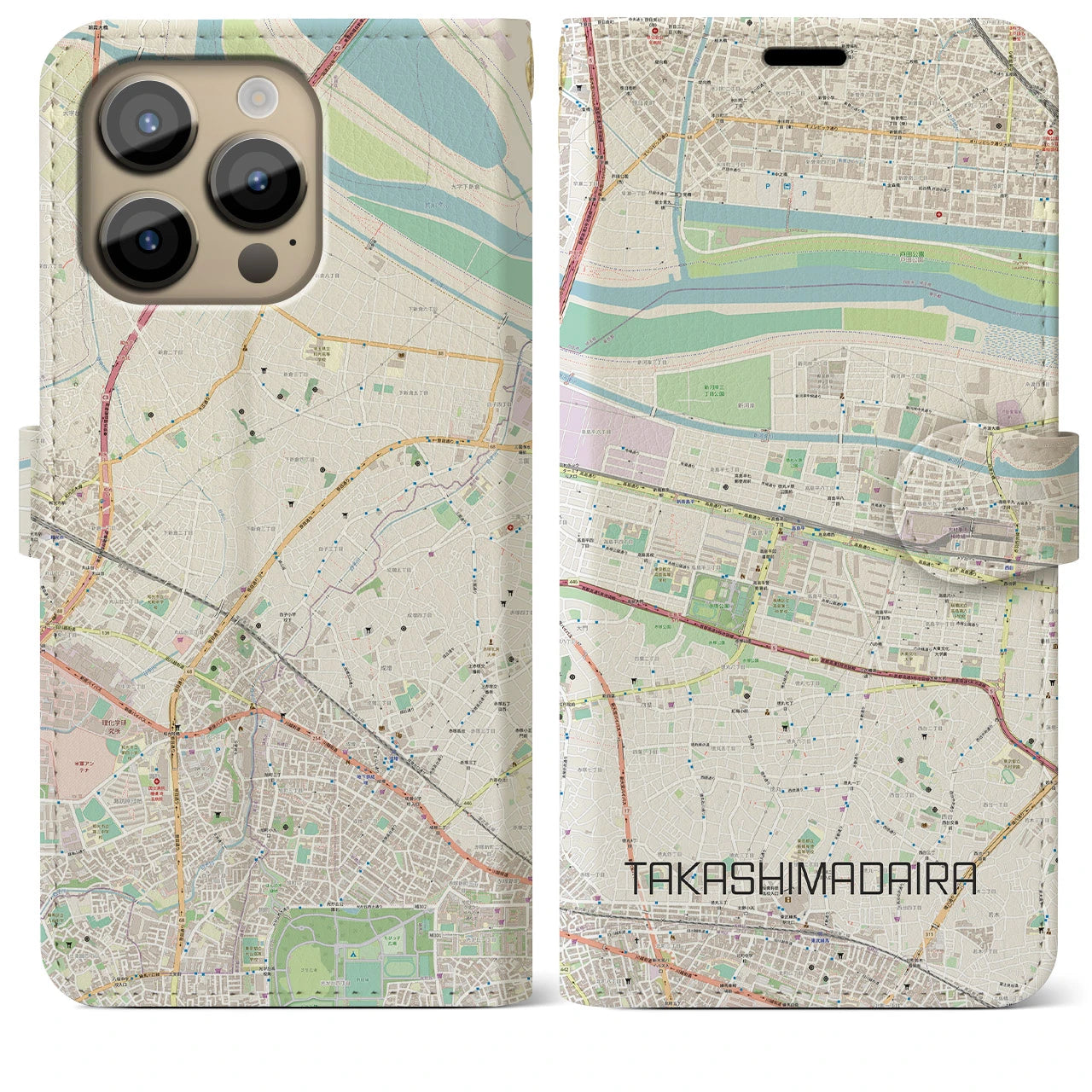 【高島平】地図柄iPhoneケース（手帳両面タイプ・ナチュラル）iPhone 14 Pro Max 用