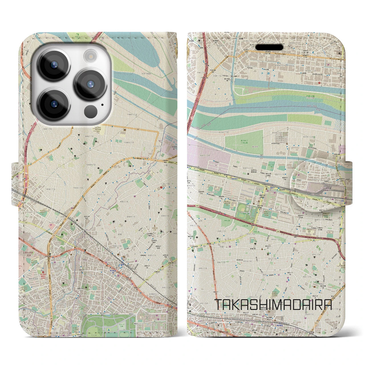 【高島平】地図柄iPhoneケース（手帳両面タイプ・ナチュラル）iPhone 14 Pro 用