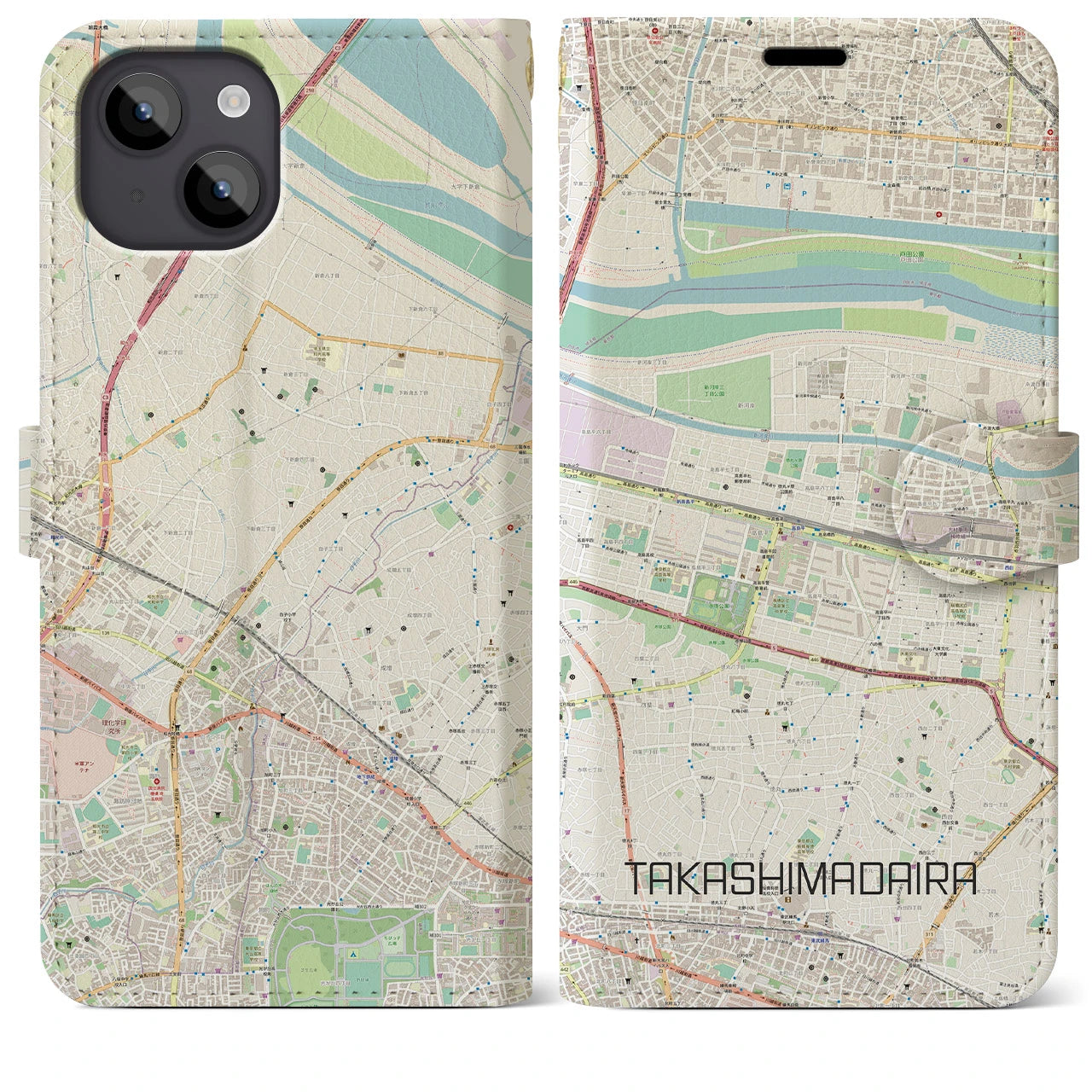 【高島平】地図柄iPhoneケース（手帳両面タイプ・ナチュラル）iPhone 14 Plus 用