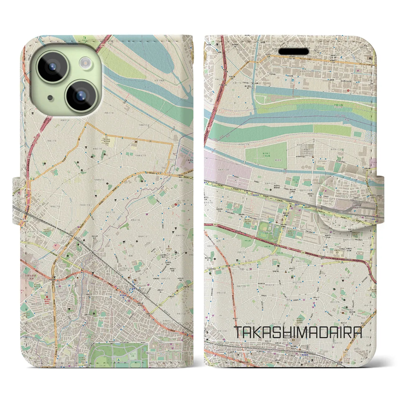 【高島平】地図柄iPhoneケース（手帳両面タイプ・ナチュラル）iPhone 15 用