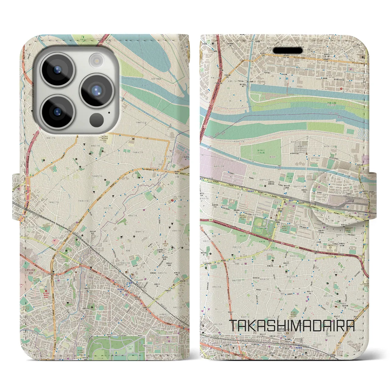 【高島平】地図柄iPhoneケース（手帳両面タイプ・ナチュラル）iPhone 15 Pro 用