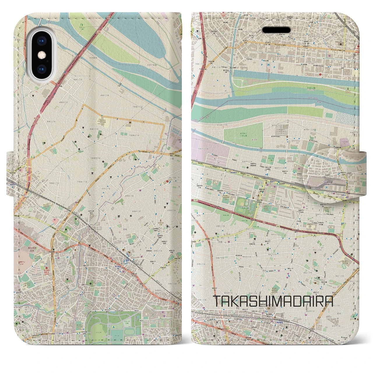 【高島平】地図柄iPhoneケース（手帳両面タイプ・ナチュラル）iPhone XS Max 用