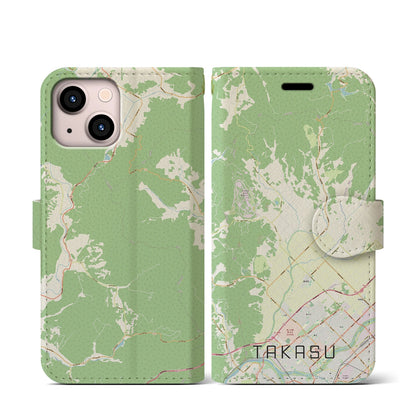 【鷹栖（北海道）】地図柄iPhoneケース（手帳タイプ）ナチュラル・iPhone 13 mini 用