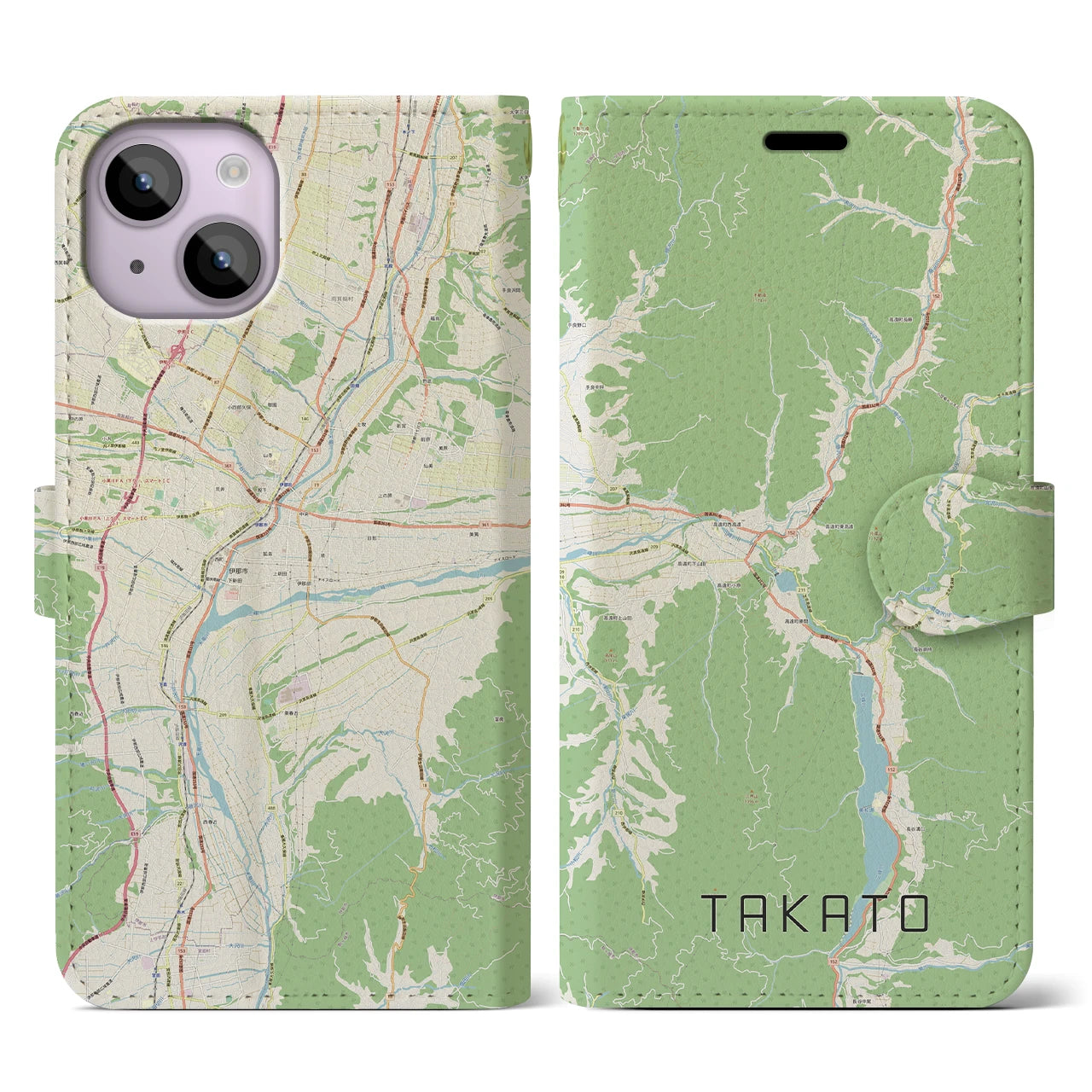 【高遠】地図柄iPhoneケース（手帳両面タイプ・ナチュラル）iPhone 14 用