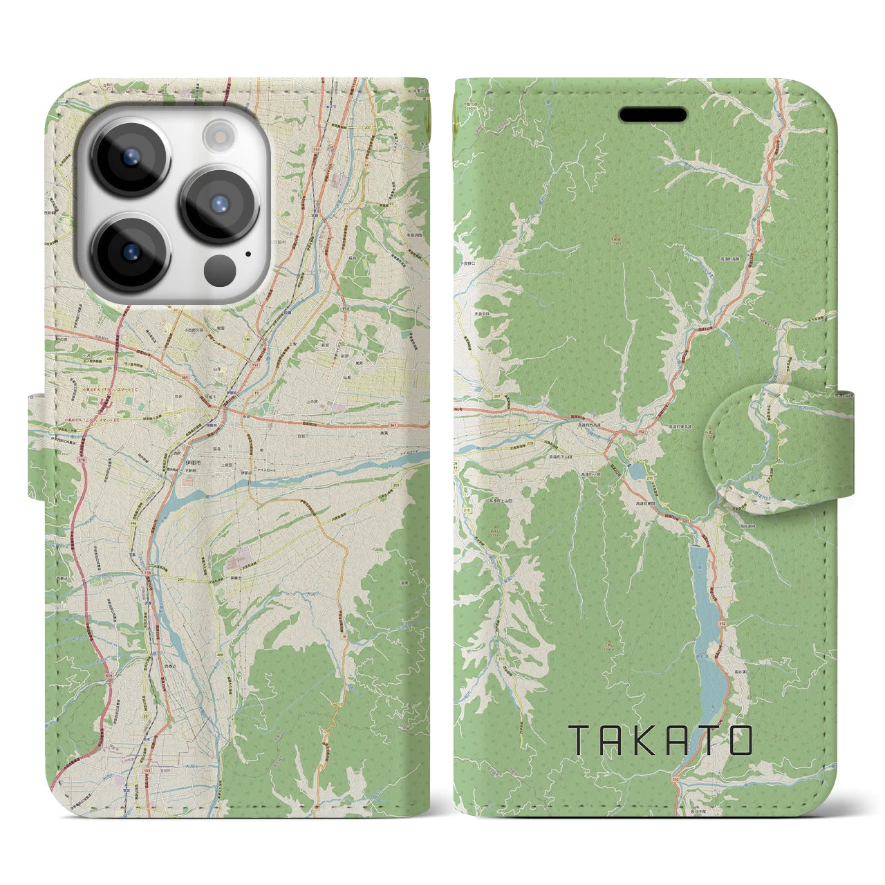 【高遠】地図柄iPhoneケース（手帳両面タイプ・ナチュラル）iPhone 14 Pro 用