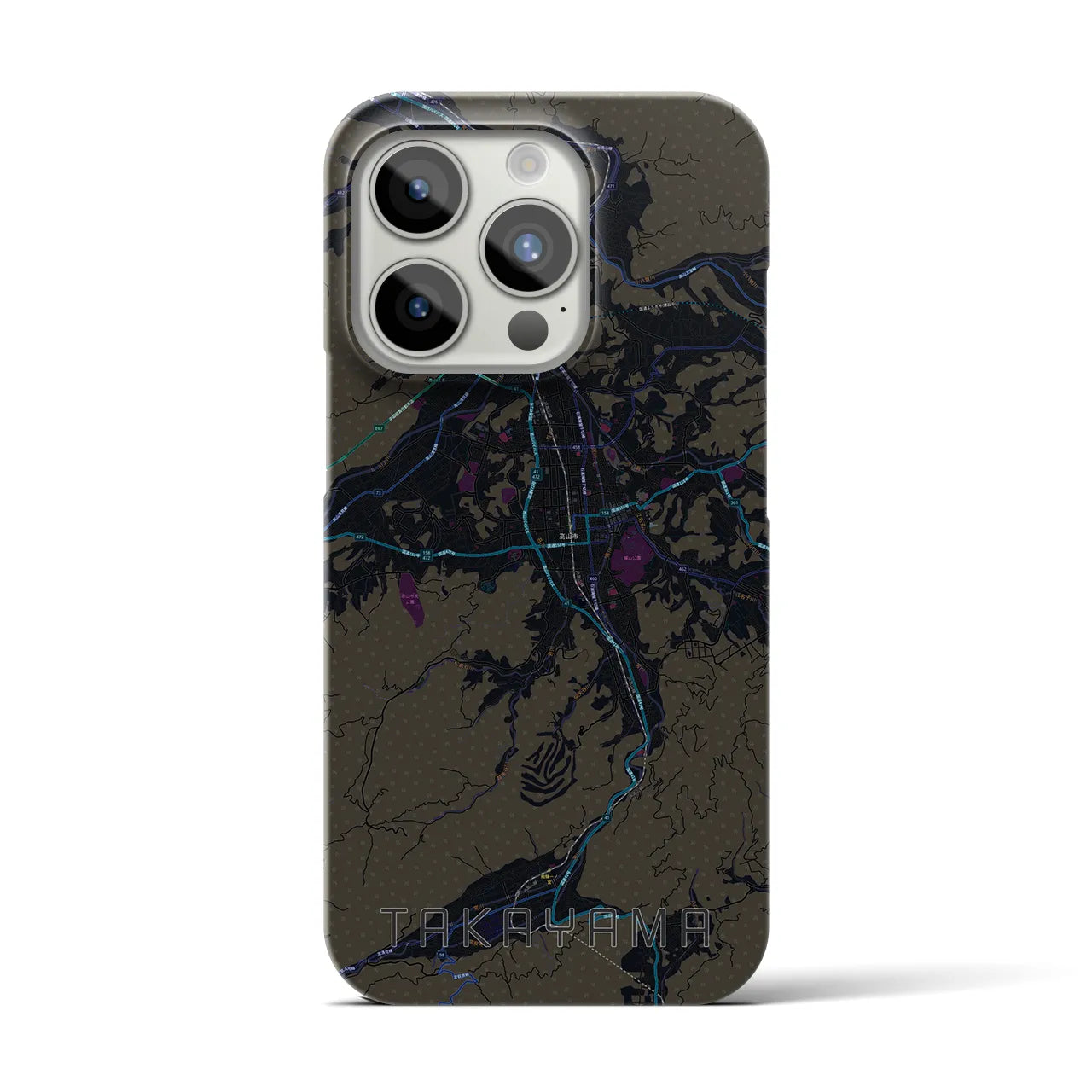【高山】地図柄iPhoneケース（バックカバータイプ・ブラック）iPhone 15 Pro 用