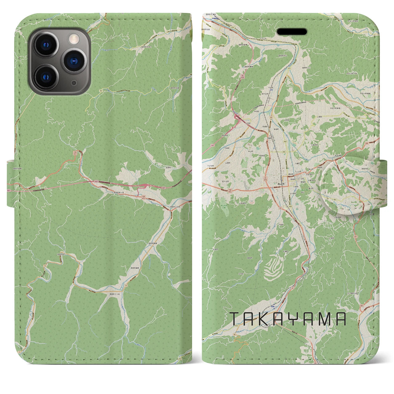 【高山】地図柄iPhoneケース（手帳両面タイプ・ナチュラル）iPhone 11 Pro Max 用