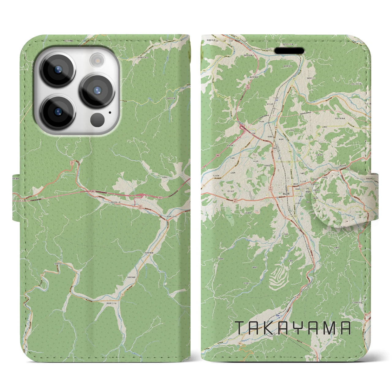 【高山】地図柄iPhoneケース（手帳両面タイプ・ナチュラル）iPhone 14 Pro 用