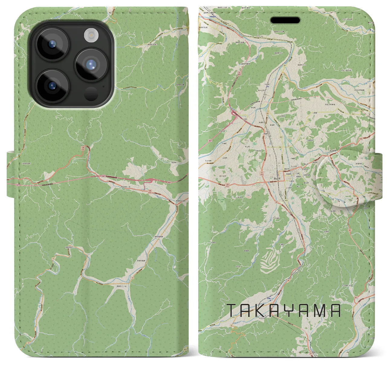 【高山】地図柄iPhoneケース（手帳両面タイプ・ナチュラル）iPhone 15 Pro Max 用