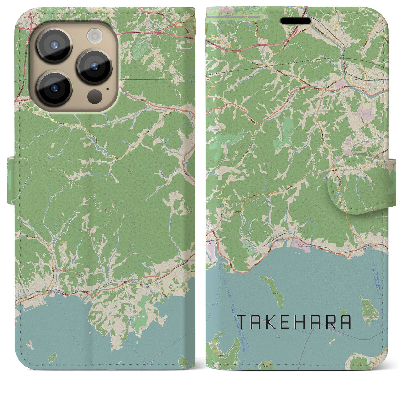【竹原】地図柄iPhoneケース（手帳両面タイプ・ナチュラル）iPhone 14 Pro Max 用