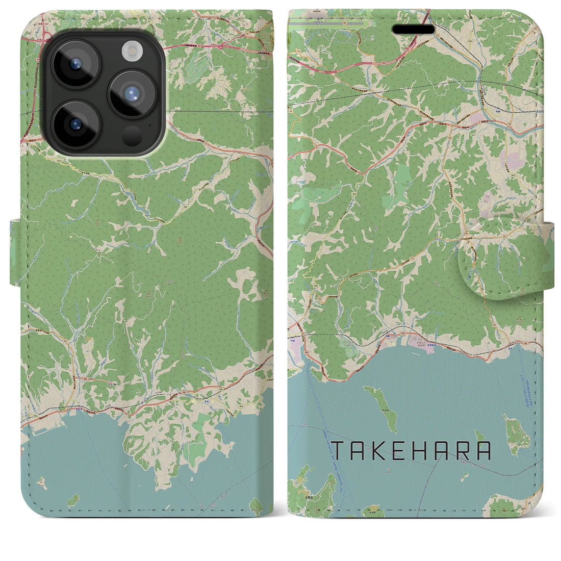 【竹原】地図柄iPhoneケース（手帳両面タイプ・ナチュラル）iPhone 15 Pro Max 用