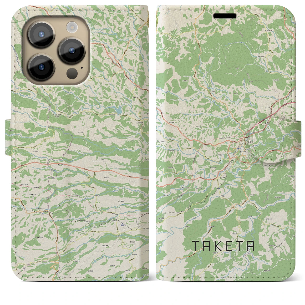 【竹田】地図柄iPhoneケース（手帳両面タイプ・ナチュラル）iPhone 14 Pro Max 用