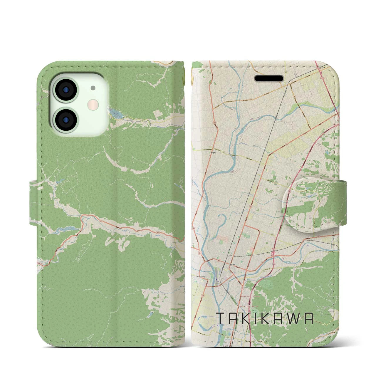 【滝川】地図柄iPhoneケース（手帳両面タイプ・ナチュラル）iPhone 12 mini 用