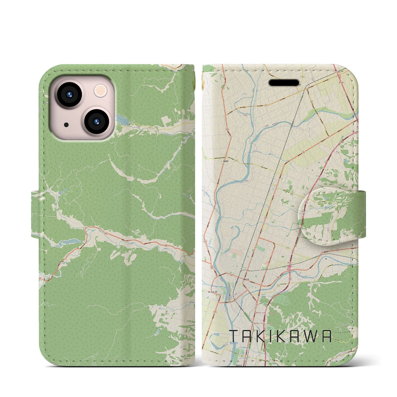 【滝川】地図柄iPhoneケース（手帳両面タイプ・ナチュラル）iPhone 13 mini 用