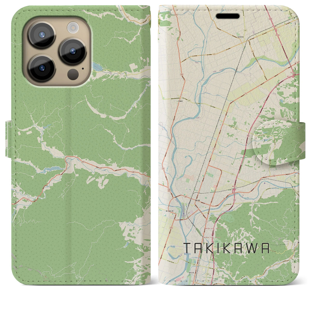 【滝川】地図柄iPhoneケース（手帳両面タイプ・ナチュラル）iPhone 14 Pro Max 用