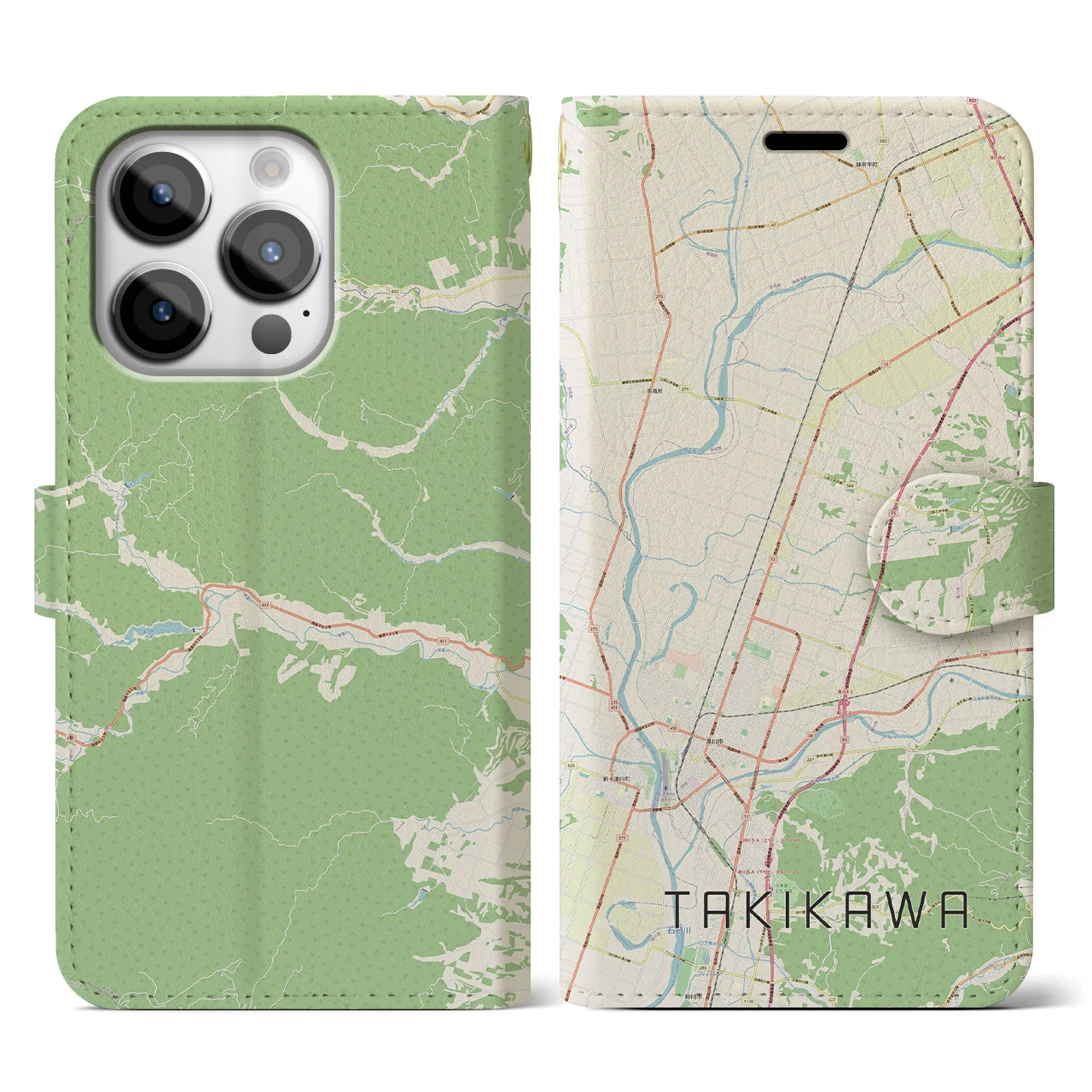 【滝川】地図柄iPhoneケース（手帳両面タイプ・ナチュラル）iPhone 14 Pro 用