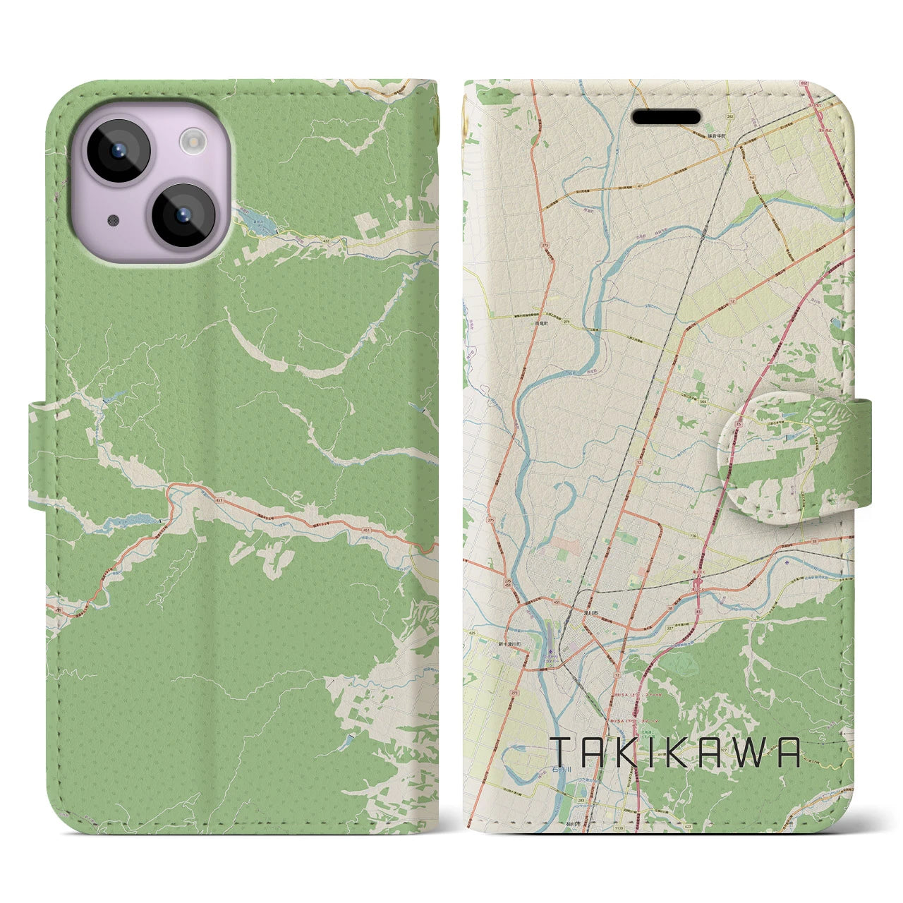 【滝川】地図柄iPhoneケース（手帳両面タイプ・ナチュラル）iPhone 14 用
