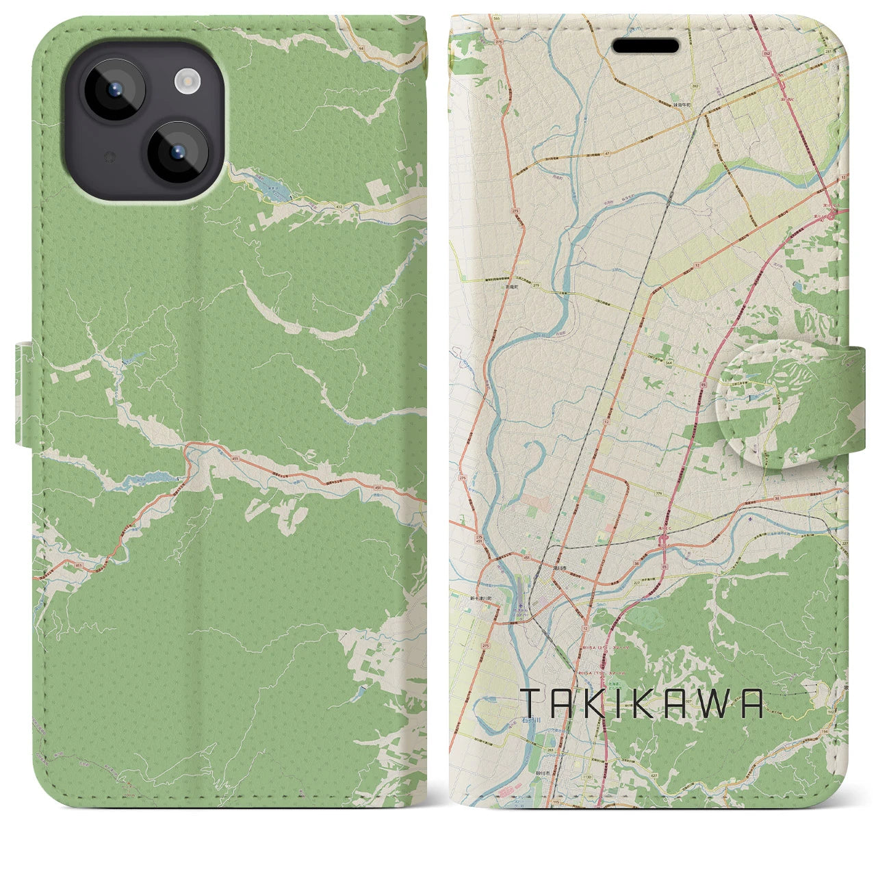 【滝川】地図柄iPhoneケース（手帳両面タイプ・ナチュラル）iPhone 14 Plus 用