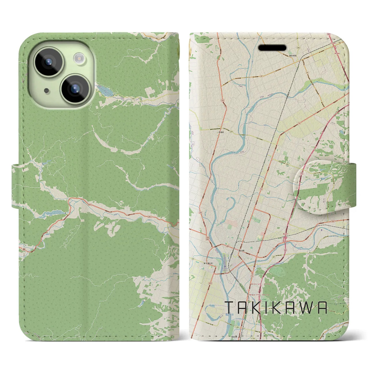【滝川】地図柄iPhoneケース（手帳両面タイプ・ナチュラル）iPhone 15 用