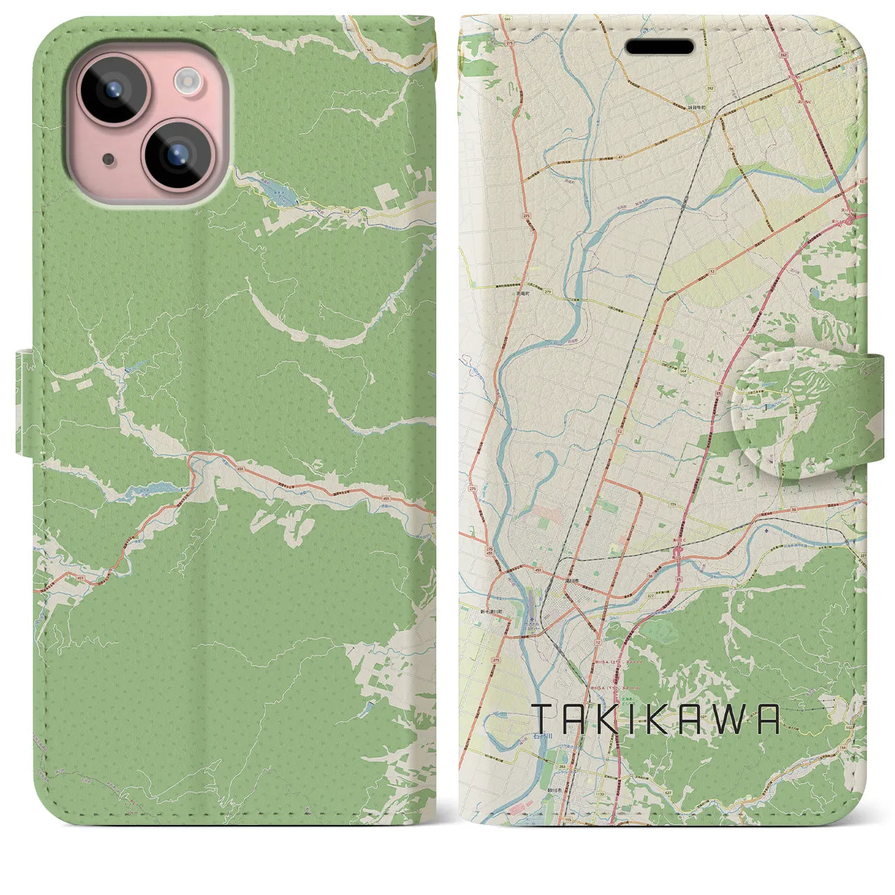 【滝川】地図柄iPhoneケース（手帳両面タイプ・ナチュラル）iPhone 15 Plus 用