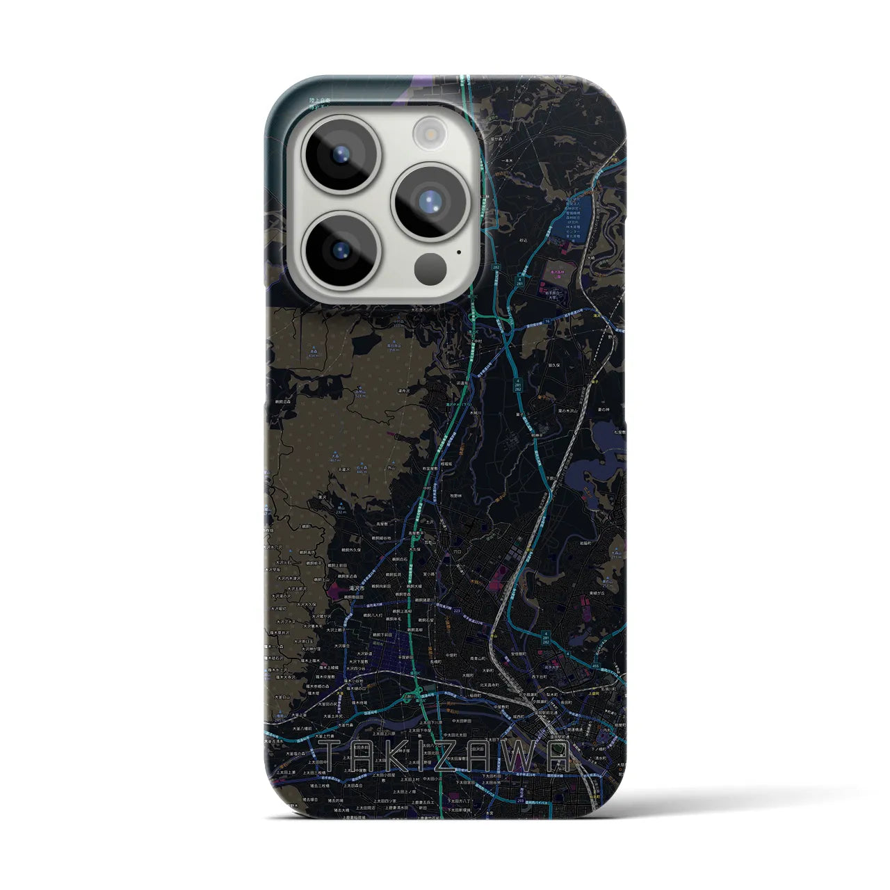 【滝沢】地図柄iPhoneケース（バックカバータイプ・ブラック）iPhone 15 Pro 用