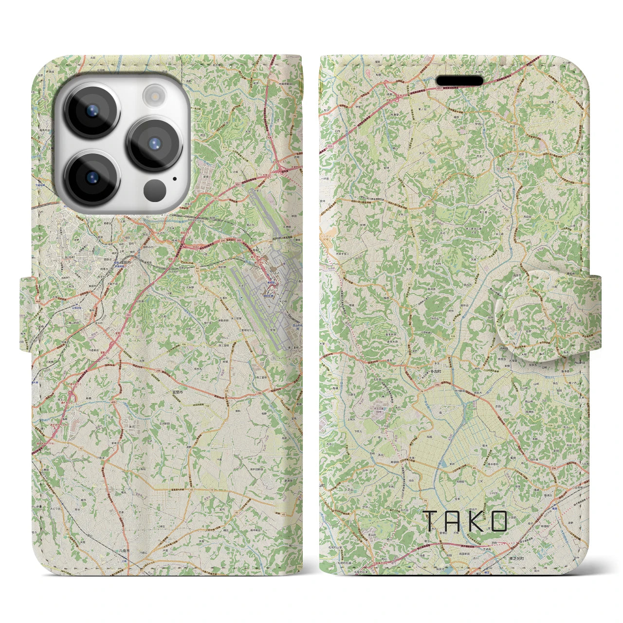 【多古】地図柄iPhoneケース（手帳両面タイプ・ナチュラル）iPhone 14 Pro 用