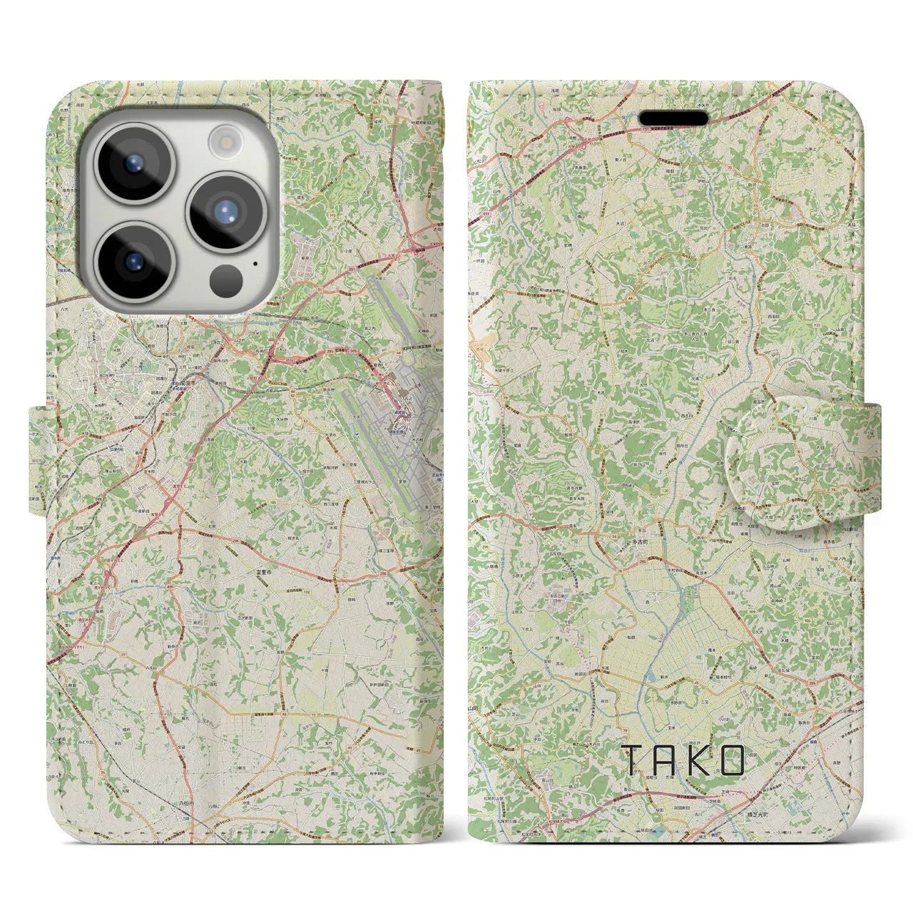 【多古】地図柄iPhoneケース（手帳両面タイプ・ナチュラル）iPhone 15 Pro 用