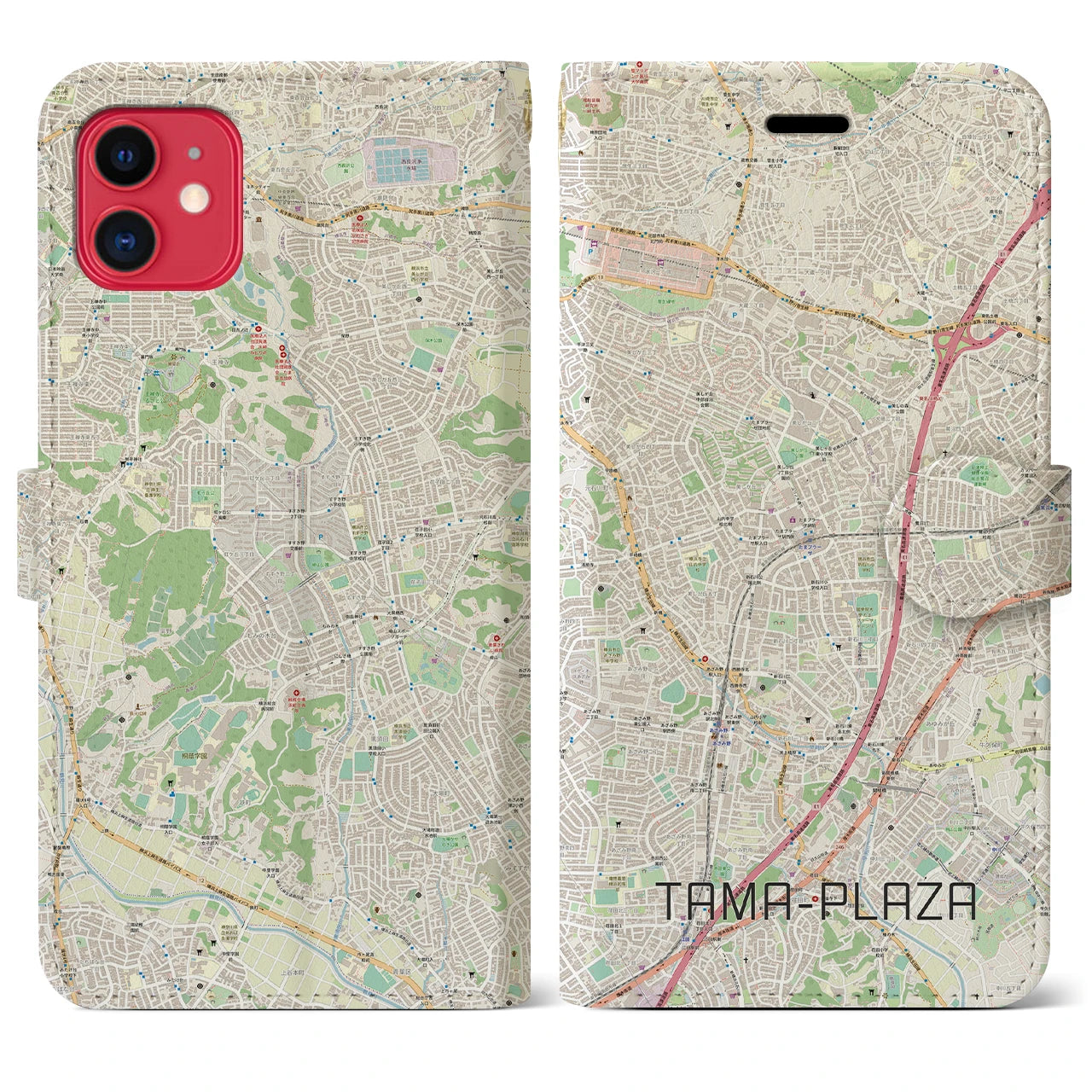 【たまプラーザ】地図柄iPhoneケース（手帳両面タイプ・ナチュラル）iPhone 11 用
