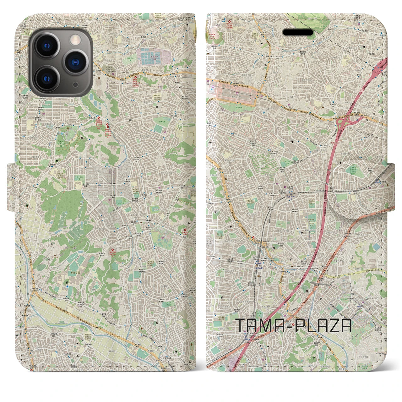 【たまプラーザ】地図柄iPhoneケース（手帳両面タイプ・ナチュラル）iPhone 11 Pro Max 用