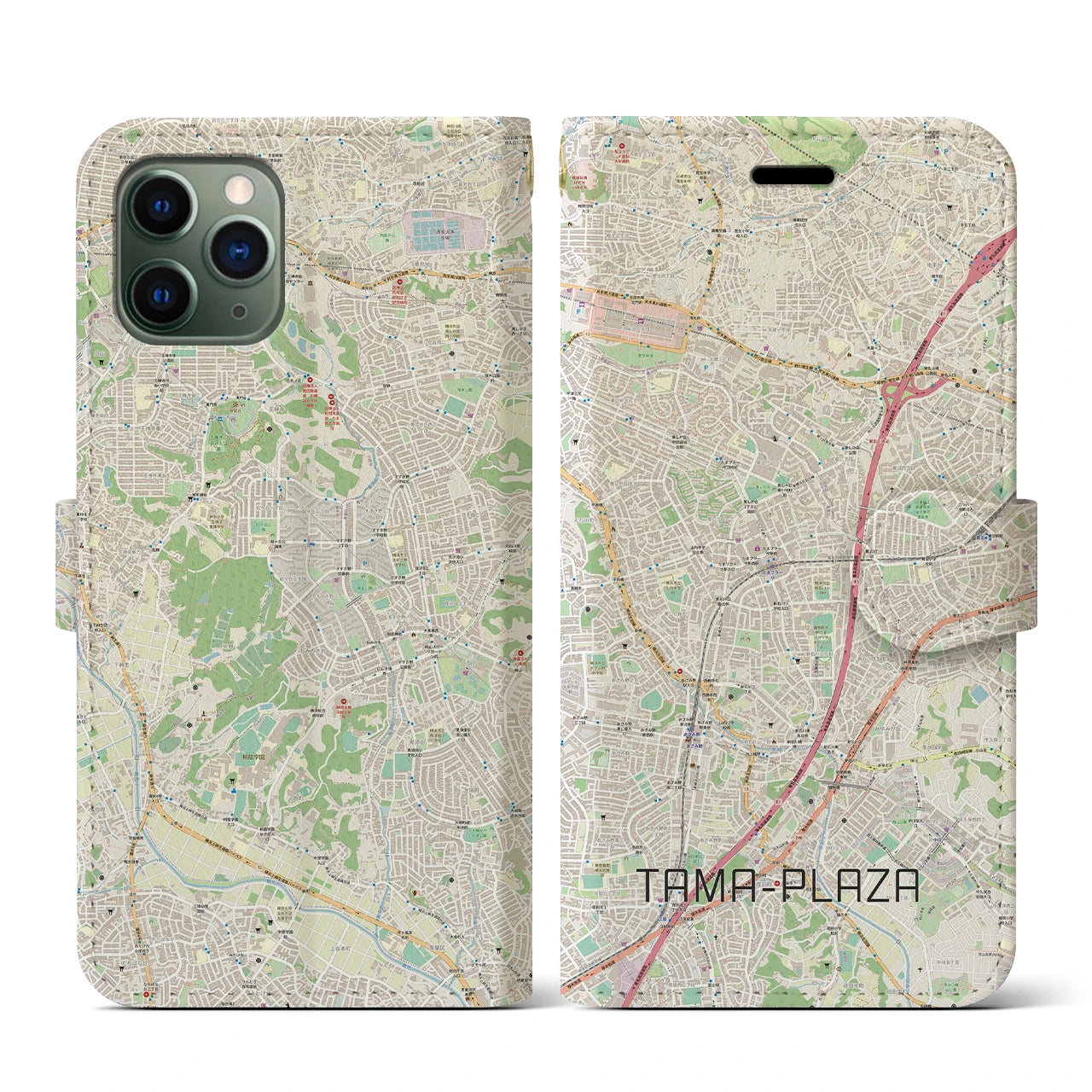 【たまプラーザ】地図柄iPhoneケース（手帳両面タイプ・ナチュラル）iPhone 11 Pro 用