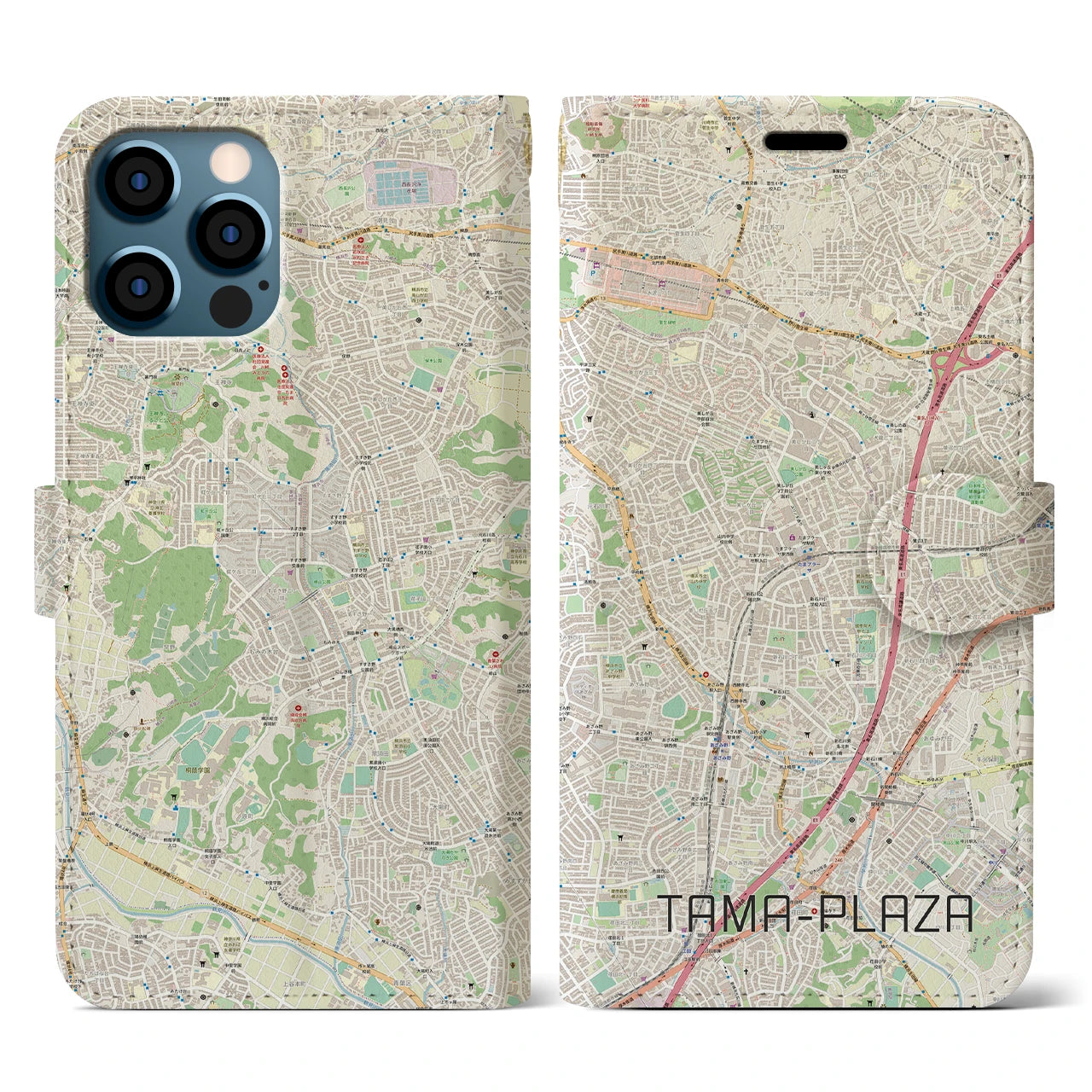 【たまプラーザ】地図柄iPhoneケース（手帳両面タイプ・ナチュラル）iPhone 12 / 12 Pro 用