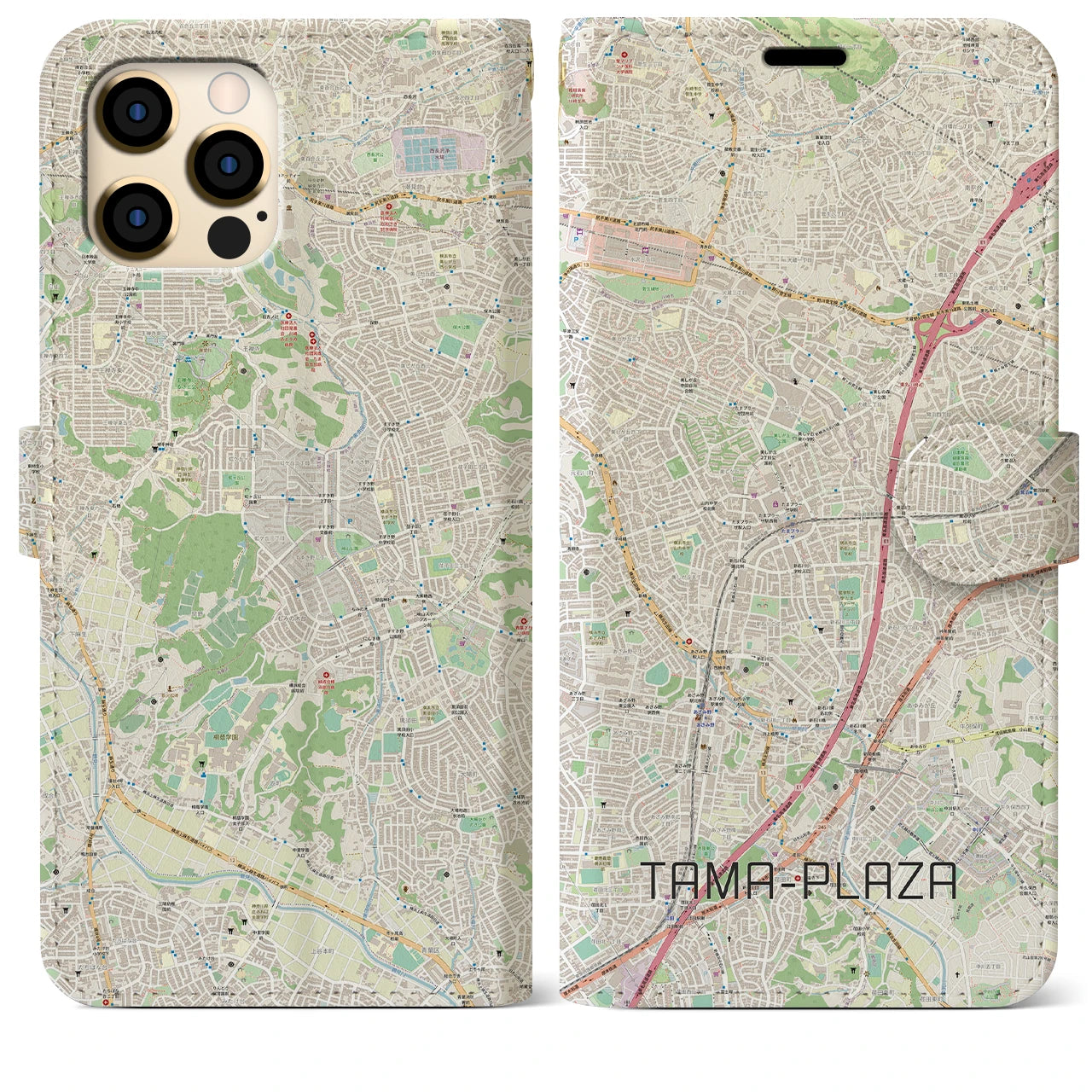 【たまプラーザ】地図柄iPhoneケース（手帳両面タイプ・ナチュラル）iPhone 12 Pro Max 用