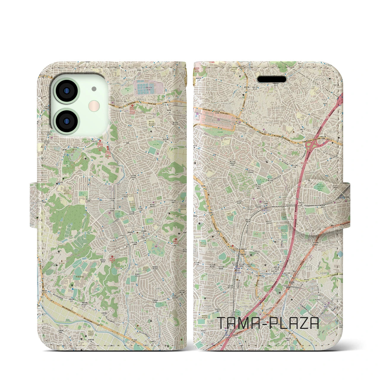 【たまプラーザ】地図柄iPhoneケース（手帳両面タイプ・ナチュラル）iPhone 12 mini 用