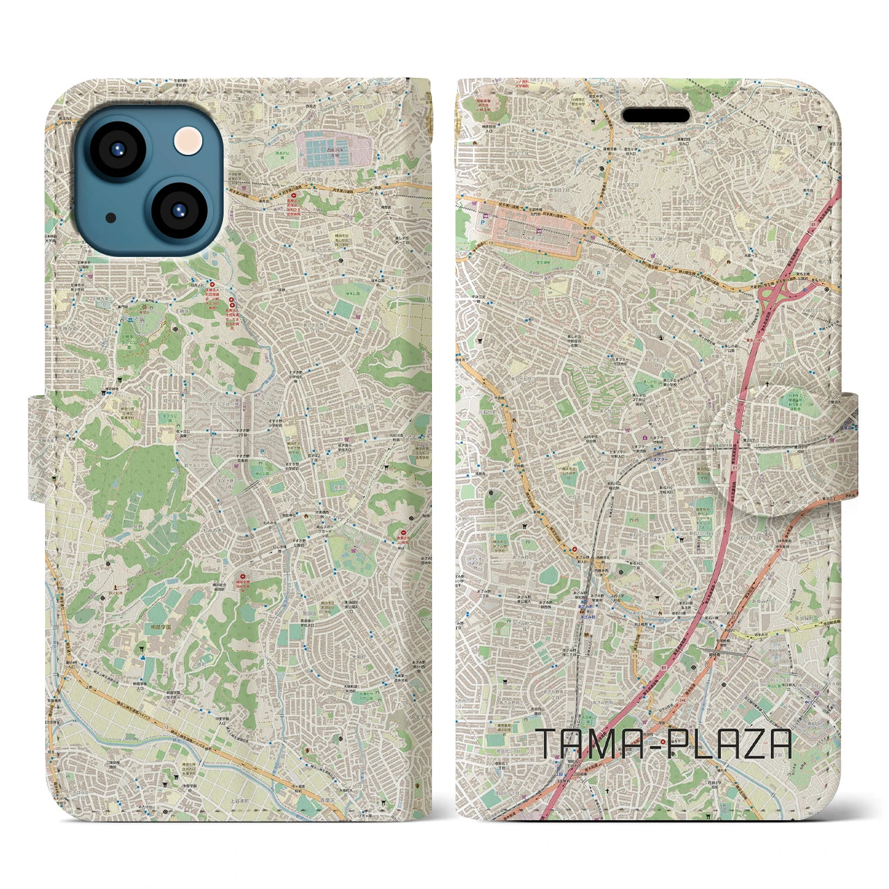 【たまプラーザ】地図柄iPhoneケース（手帳両面タイプ・ナチュラル）iPhone 13 用