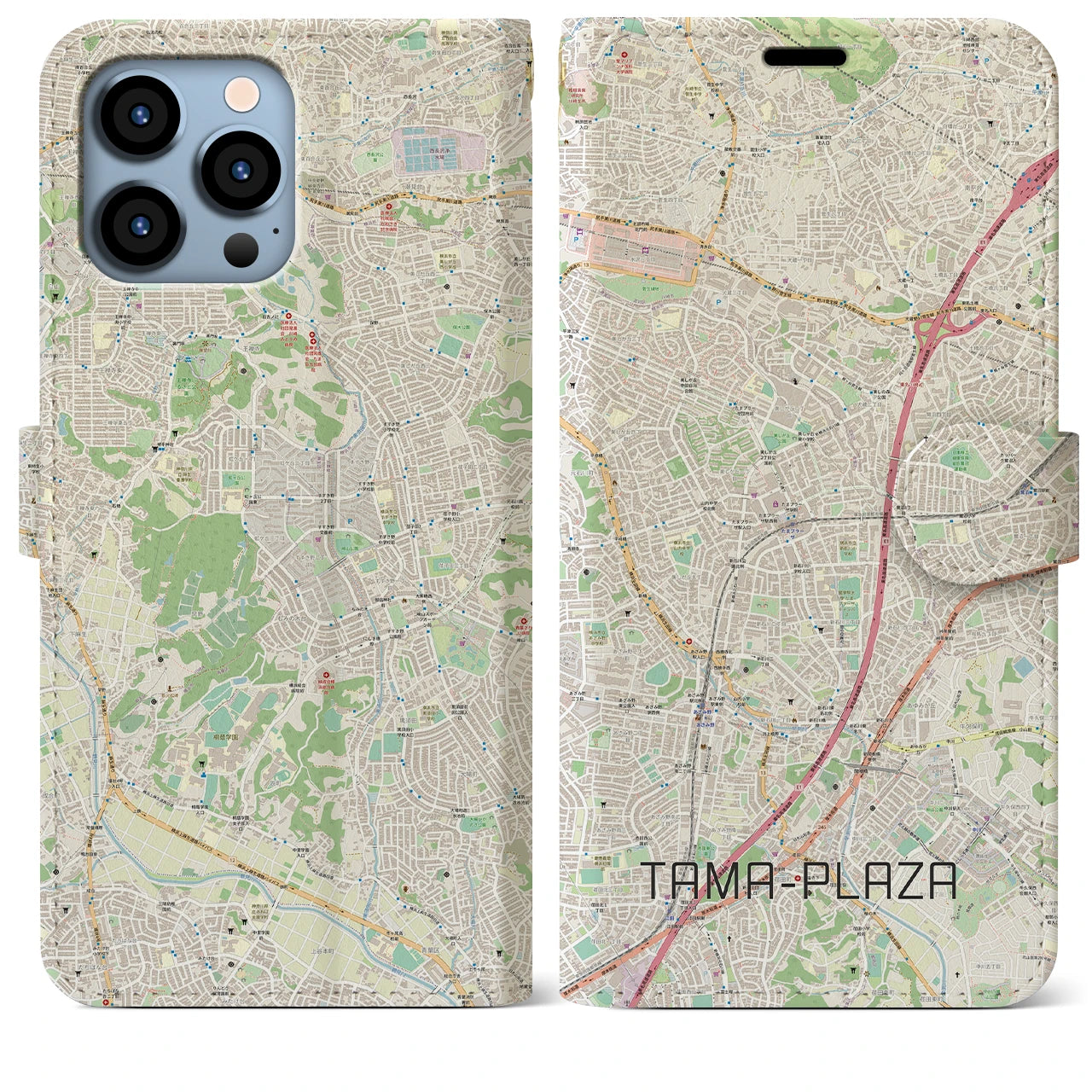 【たまプラーザ】地図柄iPhoneケース（手帳両面タイプ・ナチュラル）iPhone 13 Pro Max 用