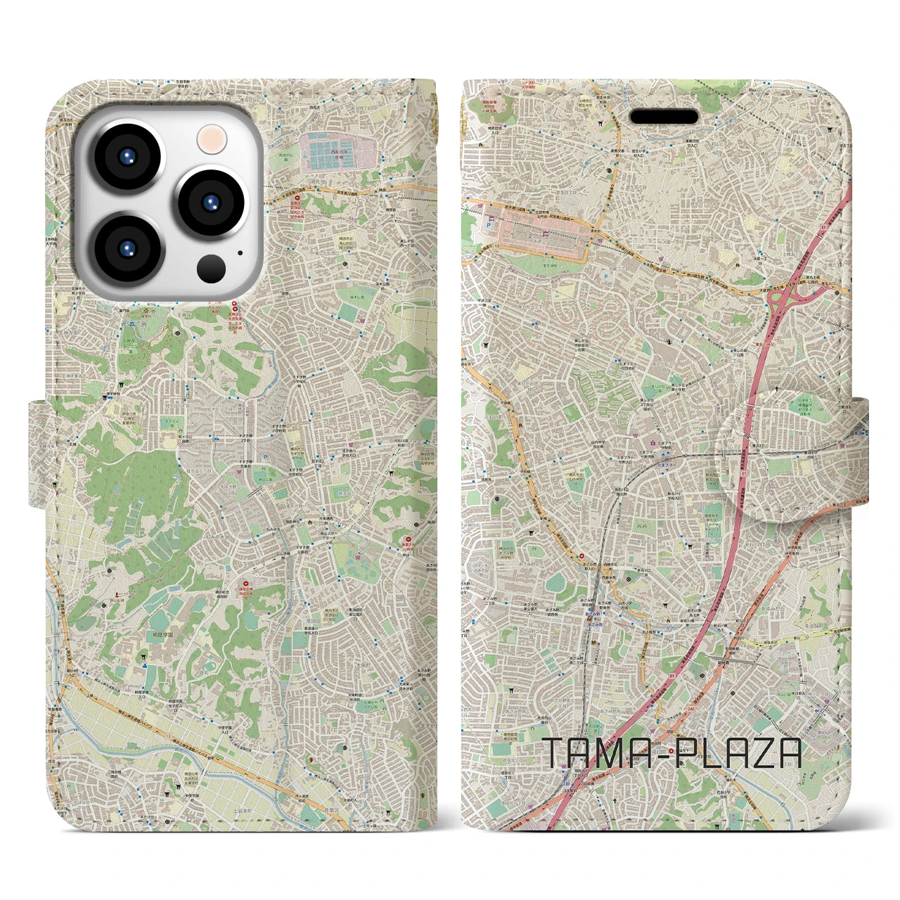 【たまプラーザ】地図柄iPhoneケース（手帳両面タイプ・ナチュラル）iPhone 13 Pro 用