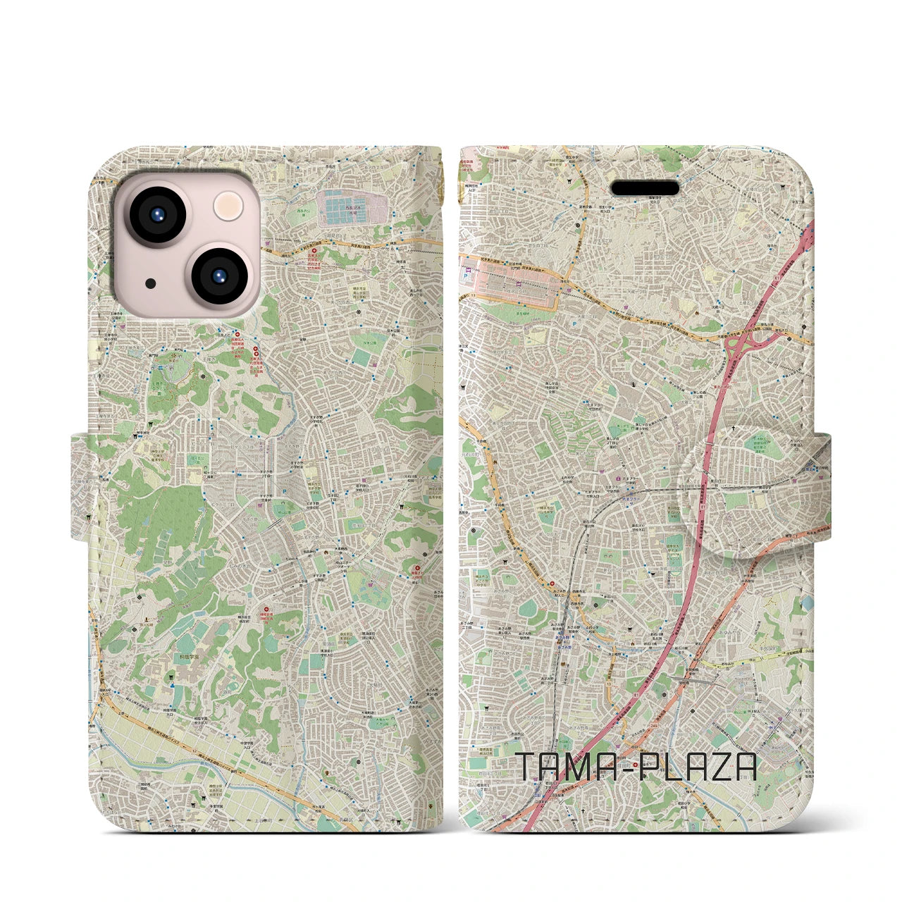 【たまプラーザ】地図柄iPhoneケース（手帳両面タイプ・ナチュラル）iPhone 13 mini 用