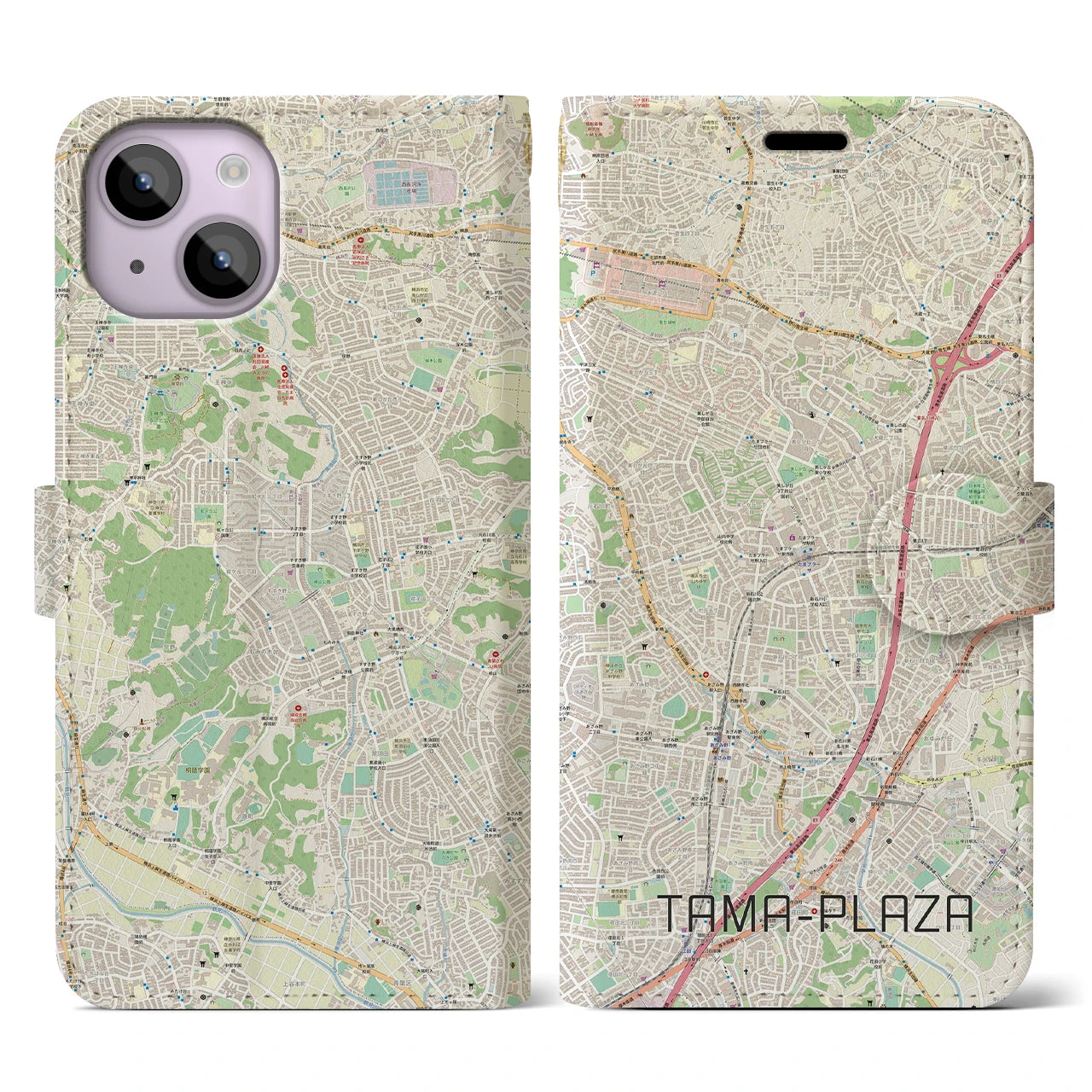 【たまプラーザ】地図柄iPhoneケース（手帳両面タイプ・ナチュラル）iPhone 14 用