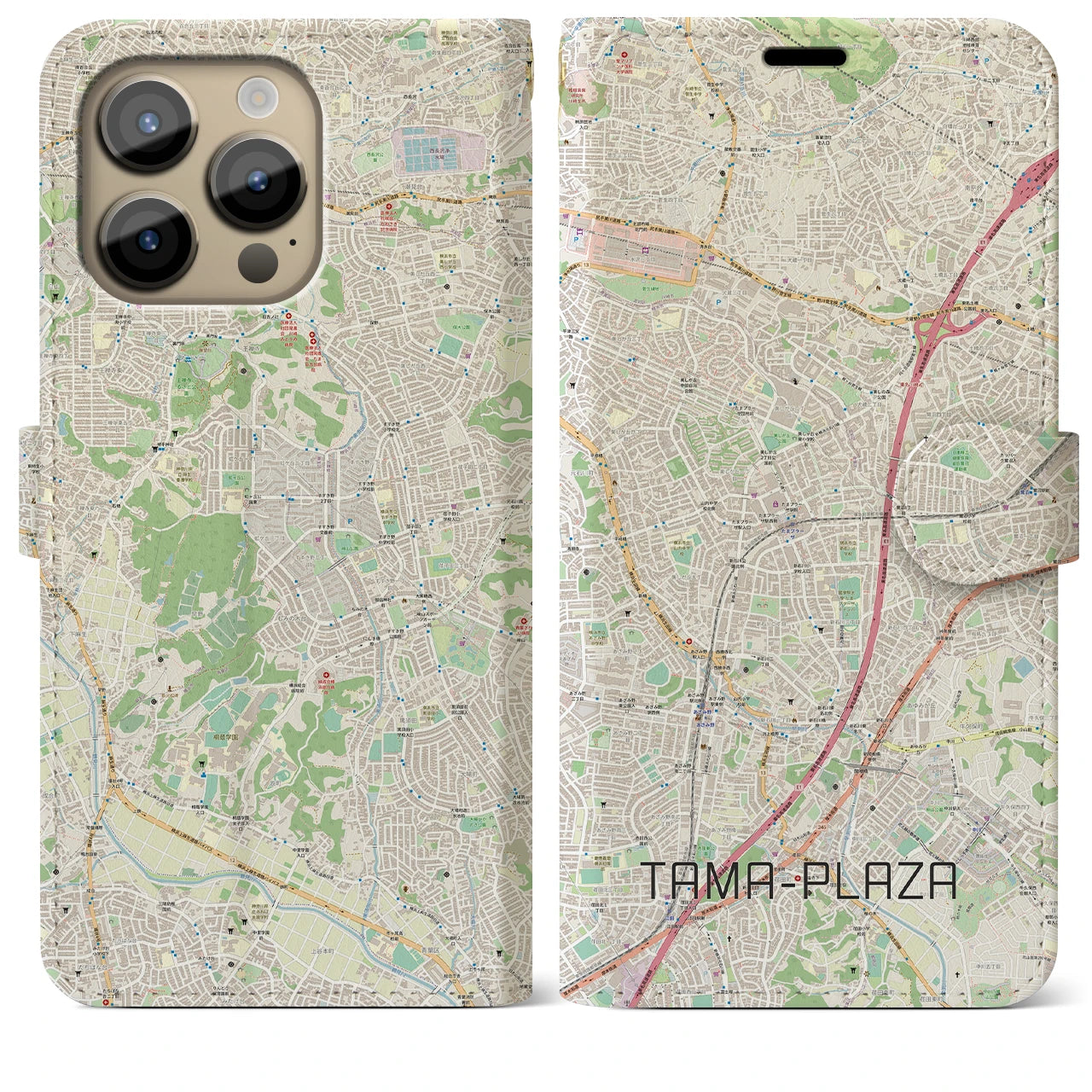 【たまプラーザ】地図柄iPhoneケース（手帳両面タイプ・ナチュラル）iPhone 14 Pro Max 用