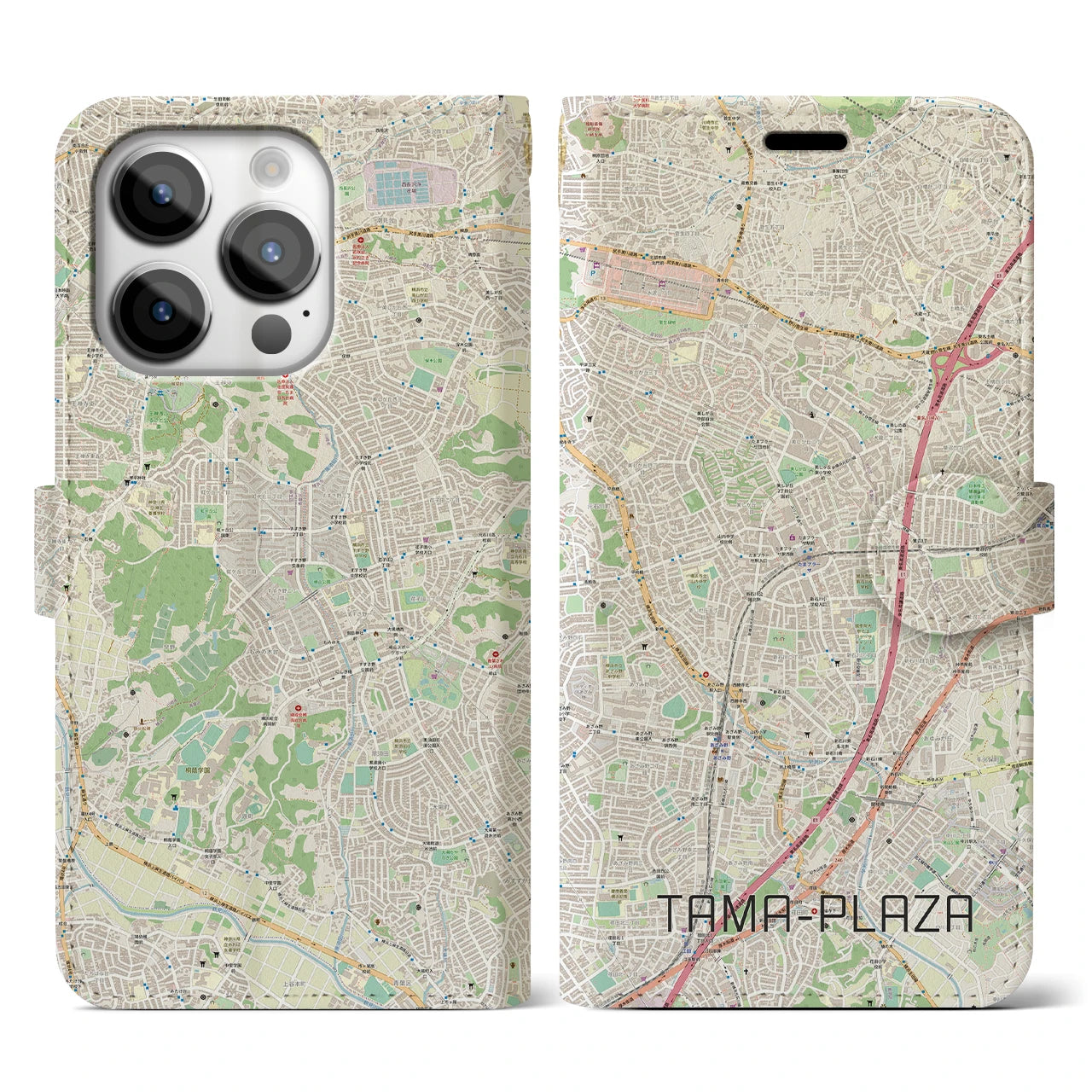【たまプラーザ】地図柄iPhoneケース（手帳両面タイプ・ナチュラル）iPhone 14 Pro 用