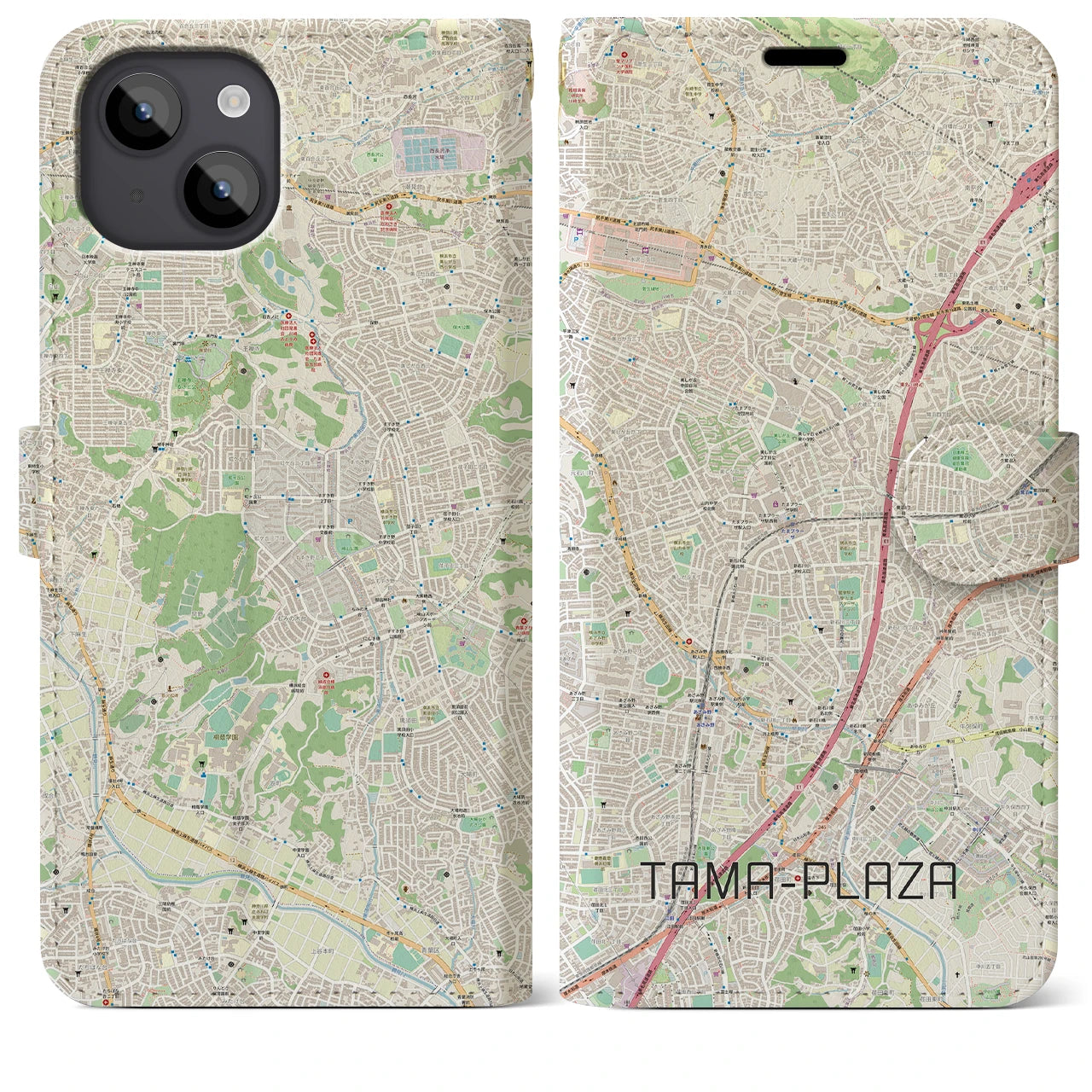 【たまプラーザ】地図柄iPhoneケース（手帳両面タイプ・ナチュラル）iPhone 14 Plus 用