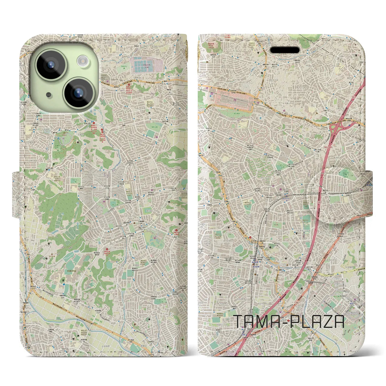 【たまプラーザ】地図柄iPhoneケース（手帳両面タイプ・ナチュラル）iPhone 15 用