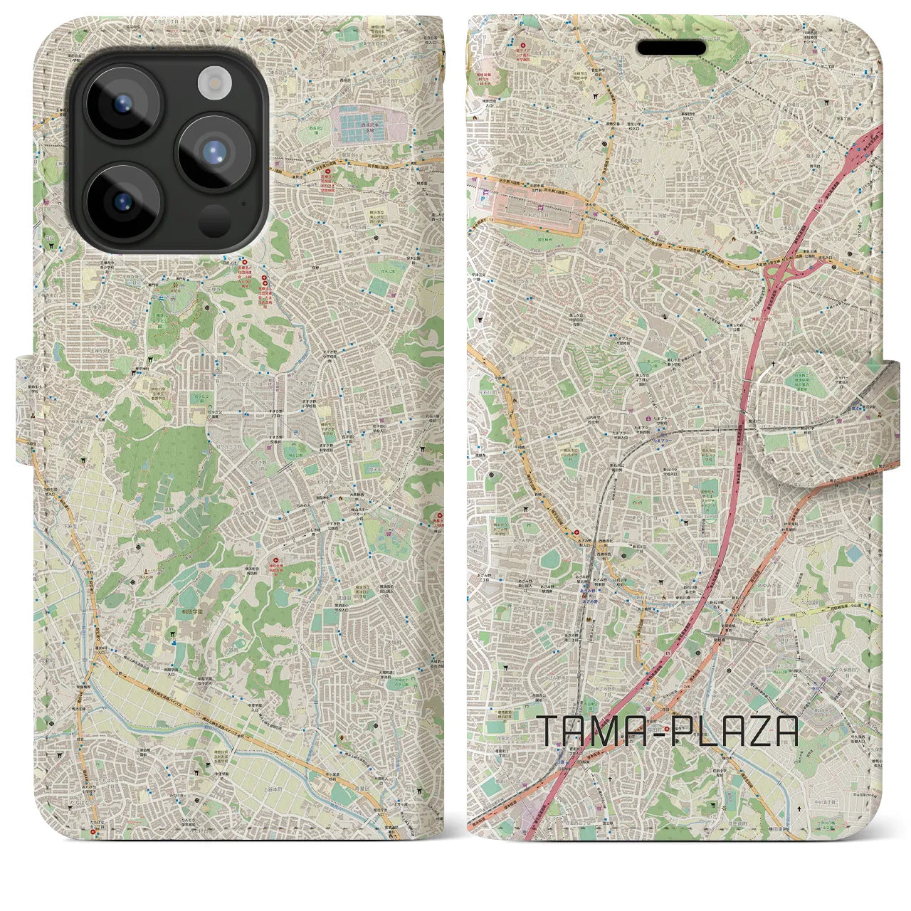 【たまプラーザ】地図柄iPhoneケース（手帳両面タイプ・ナチュラル）iPhone 15 Pro Max 用