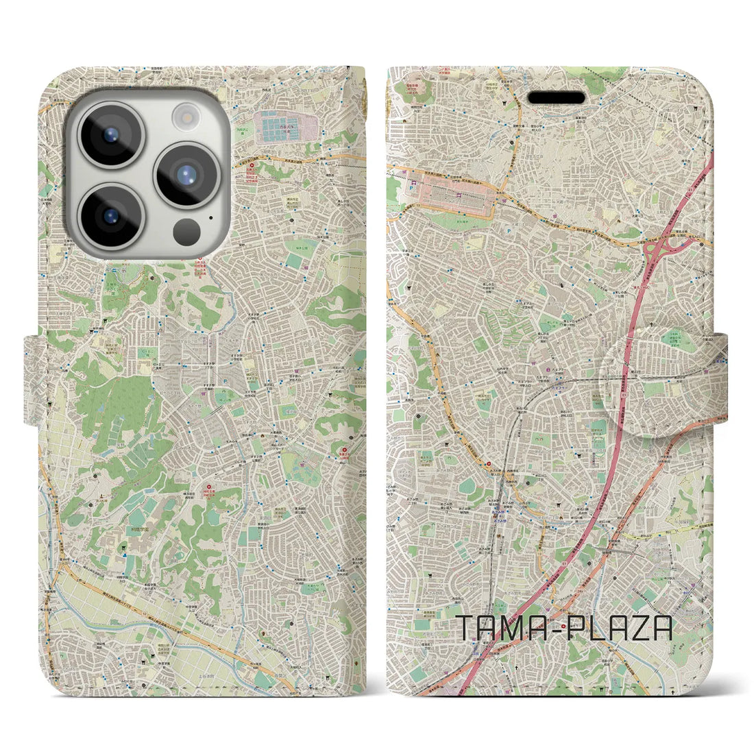 【たまプラーザ】地図柄iPhoneケース（手帳両面タイプ・ナチュラル）iPhone 15 Pro 用