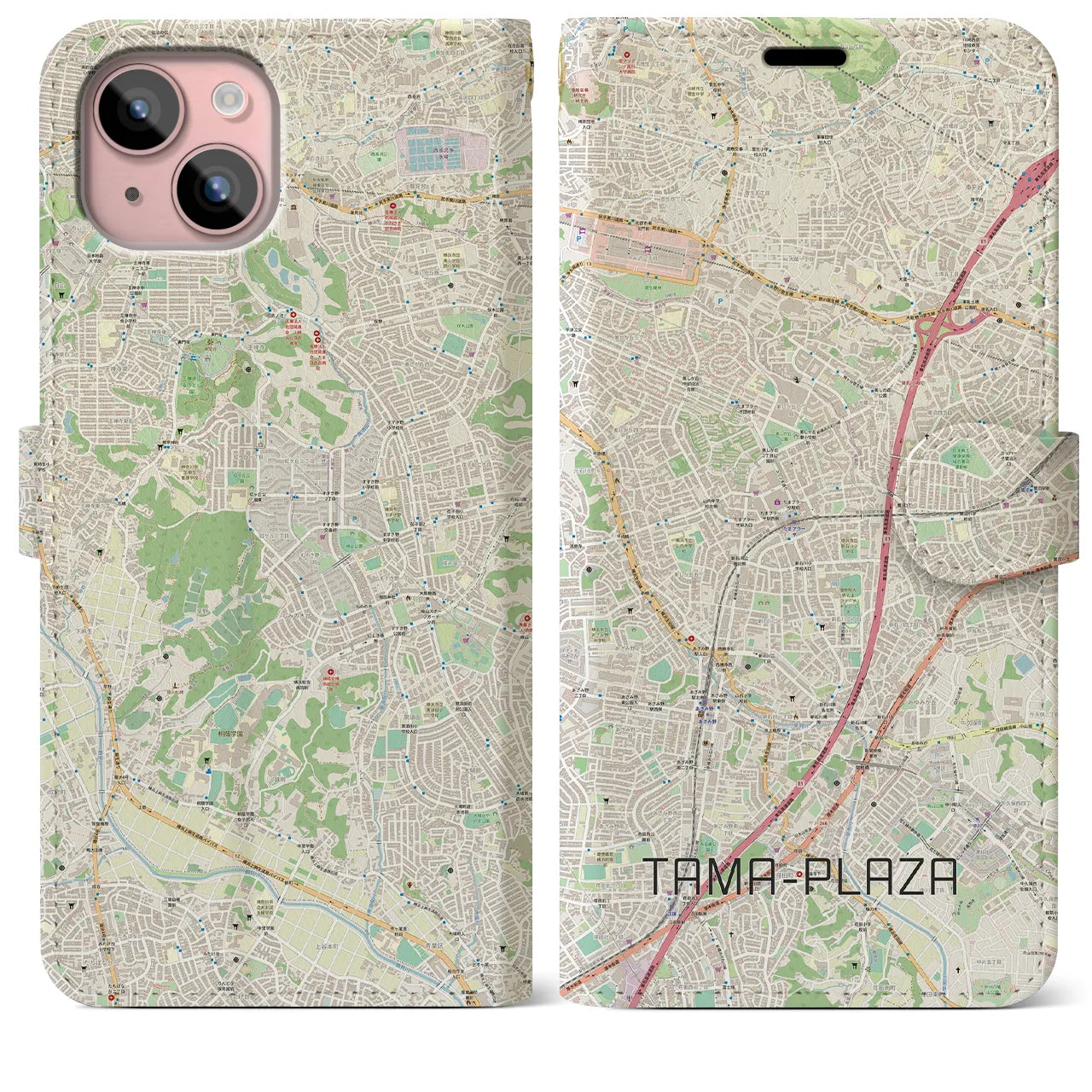 【たまプラーザ】地図柄iPhoneケース（手帳両面タイプ・ナチュラル）iPhone 15 Plus 用